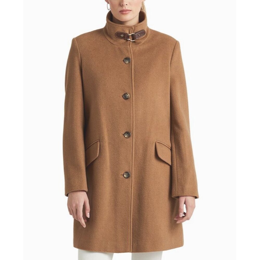 womens size 6 Lauren‎ Ralph Lauren Camel Wool-Blend Coat Buckle Collar tan